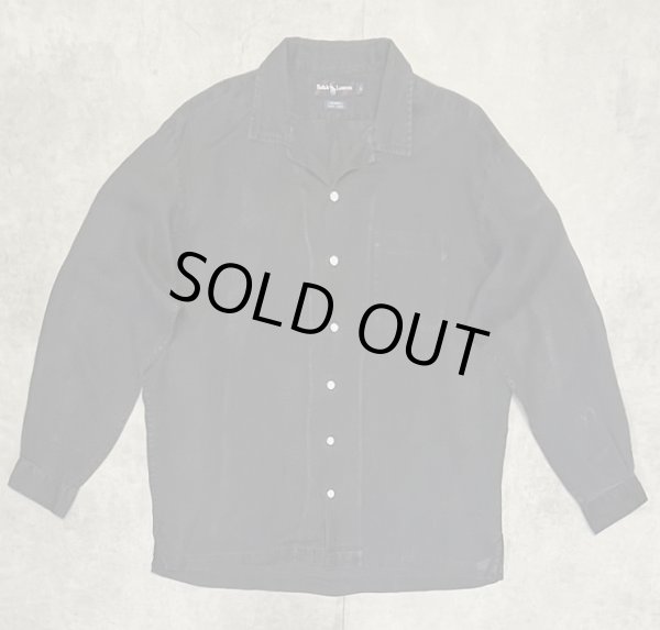 画像1: 90'S RALPH LAUREN "CALDWELL" ロゴ無し無地 リネン オープンカラーシャツ ブラック (VINTAGE)