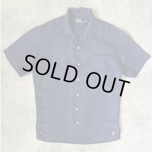 画像: 90'S RALPH LAUREN シルク/リネン 裾ロゴ 半袖 オープンカラーシャツ ネイビー (VINTAGE)