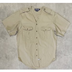 画像: 90'S RALPH LAUREN ノーカラー Vネック 半袖 サファリシャツ ベージュ (VINTAGE)