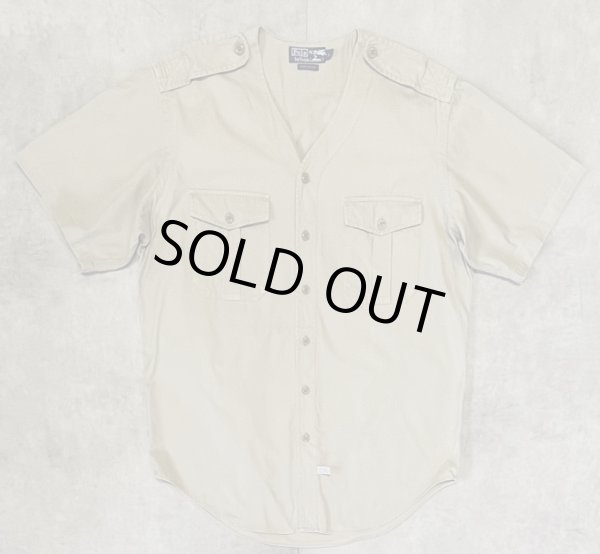 画像1: 90'S RALPH LAUREN ノーカラー Vネック 半袖 サファリシャツ ベージュ (VINTAGE)