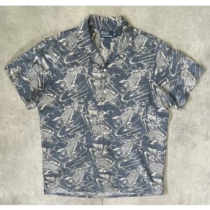 画像: 90'S RALPH LAUREN リネン/コットン 半袖 オープンカラーシャツ インディゴ/鯉柄 (VINTAGE)