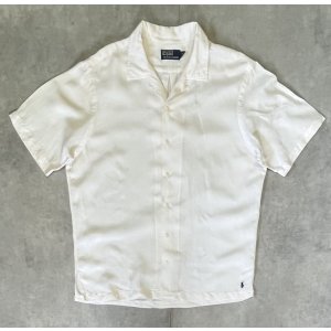 画像: 90'S RALPH LAUREN シルク/リネン 裾ロゴ 半袖 オープンカラーシャツ オフホワイト (VINTAGE)