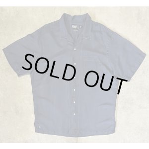 画像: 90'S RALPH LAUREN "CALDWELL" シルク/リネン 裾ロゴ 半袖 オープンカラーシャツ ネイビー (VINTAGE)