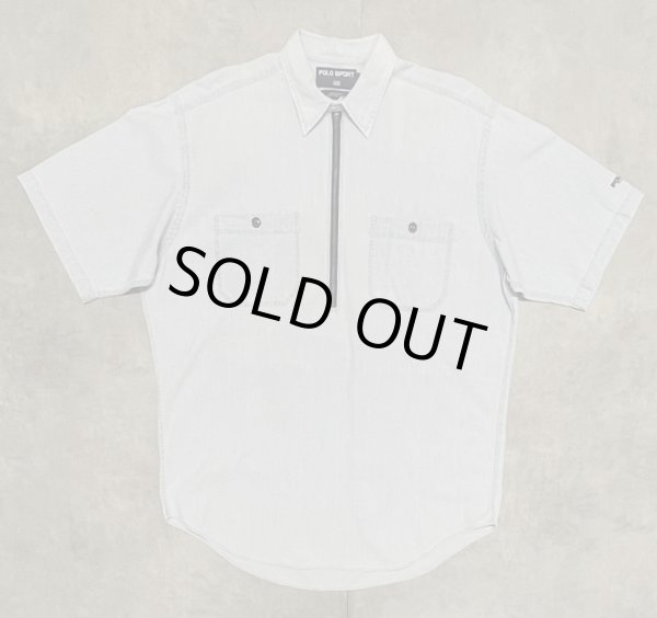 画像1: 90'S RALPH LAUREN POLO SPORT チンスト付き ハーフジップ 半袖 シャンブレーシャツ ブルー (VINTAGE)