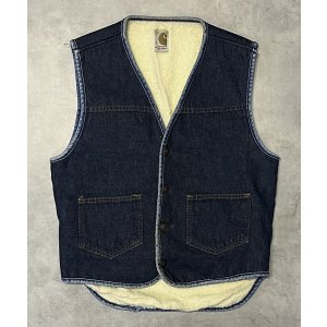 画像: 70'S CARHARTT プリントタグ 裏地ボア デニムベスト インディゴ USA製 (VINTAGE)
