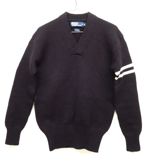 画像: 90'S RALPH LAUREN ウール100% 袖ライン入り Vネック セーター ネイビー (VINTAGE) 「Knit」 入荷しました。