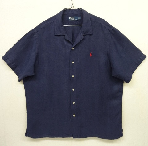 画像: 90'S RALPH LAUREN ヘリンボーン シルク/リネン 半袖 オープンカラーシャツ ネイビー (VINTAGE) 「S/S Shirt」 入荷しました。