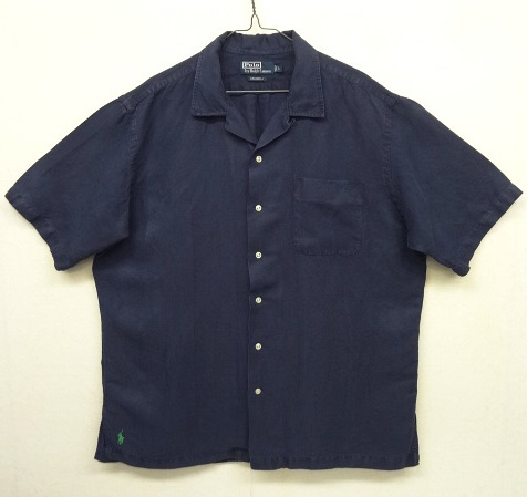 画像: 90'S RALPH LAUREN "CALDWELL" 裾ロゴ刺繍 シルク/リネン 半袖 オープンカラーシャツ ネイビー (VINTAGE) 「S/S Shirt」 入荷しました。