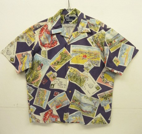 画像: 90'S RALPH LAUREN コットン 半袖 オープンカラーシャツ ネイビー/ポストカード柄 (VINTAGE) 「S/S Shirt」入荷しました。