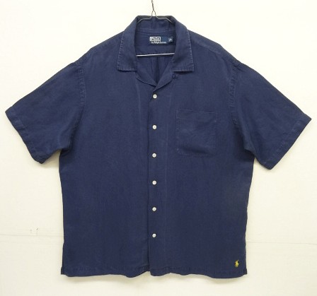 画像: 90'S RALPH LAUREN シルク/リネン 裾ロゴ 半袖 オープンカラーシャツ ネイビー (VINTAGE) 「S/S Shirt」入荷しました。