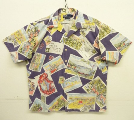 画像: 90'S RALPH LAUREN コットン 半袖 オープンカラーシャツ ネイビー/ポストカード柄 (VINTAGE) 「S/S Shirt」入荷しました。