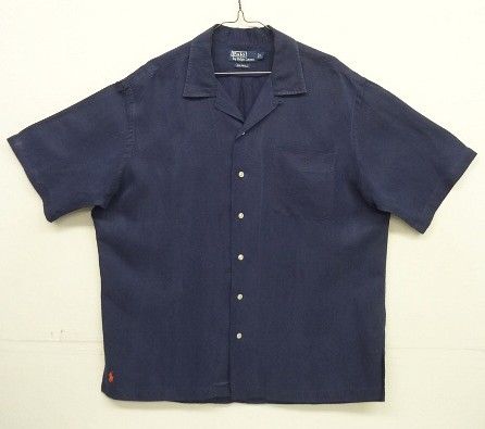 画像: 90'S RALPH LAUREN "CALDWELL" シルク/リネン 裾ロゴ 半袖 オープンカラーシャツ ネイビー (VINTAGE) 「S/S Shirt」入荷しました。