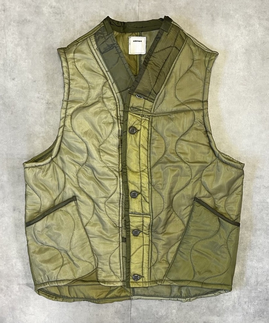 画像: ODDMENT "QUILTING VEST" アメリカ軍 キルティングライナー 解体再構築 ベスト オリーブ (REMAKE) 「No Sleeve」入荷しました。