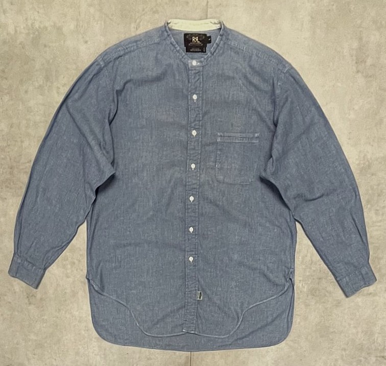 画像: 90'S RRL 初期 三ツ星タグ シャンブレー マチ付き バンドカラーシャツ ブルー (VINTAGE) 「L/S Shirt」入荷しました。