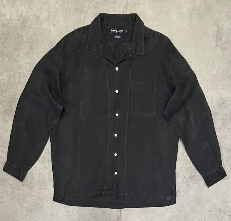 画像: 90'S RALPH LAUREN "CALDWELL" ロゴ無し無地 リネン オープンカラーシャツ ブラック (VINTAGE) 「L/S Shirt」入荷しました。