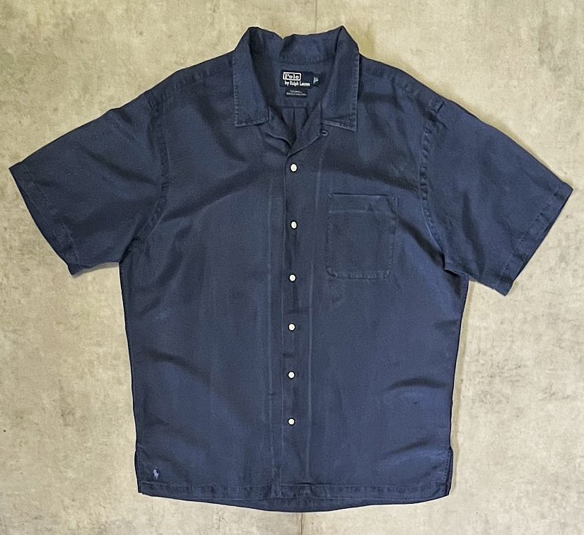 画像: 90'S RALPH LAUREN "CALDWELL" シルク/リネン 裾ロゴ 半袖 オープンカラーシャツ ネイビー (VINTAGE)「S/S Shirt」入荷しました。