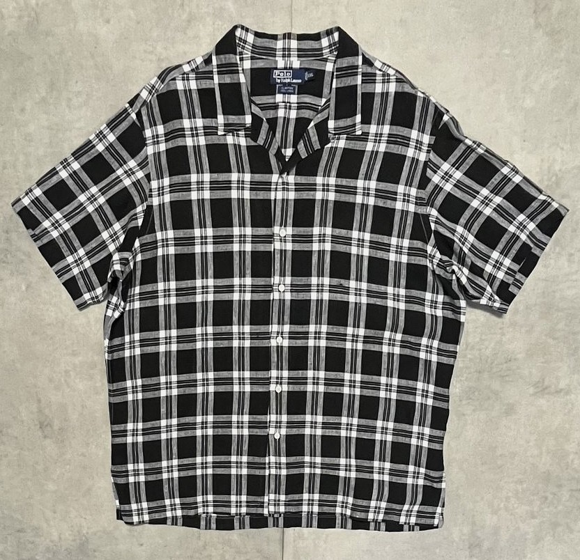 画像: 90'S RALPH LAUREN "CLAYTON" リネン ロゴ無し 半袖 オープンカラーシャツ ブラック/ホワイト (VINTAGE)「S/S Shirt」入荷しました。