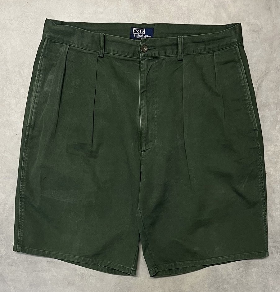 画像: 90'S RALPH LAUREN "ボックスロゴ" ツープリーツ チノショーツ ダークグリーン TALONジップ USA製 (VINTAGE)「Shorts」入荷しました。