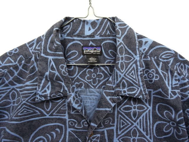 画像: PATAGONIA オープンカラー 半袖シャツ ネイビーベース 総柄 (USED)