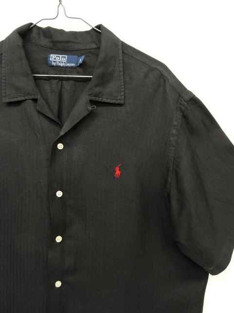 画像: 90'S RALPH LAUREN ヘリンボーン シルク/リネン 半袖 オープンカラーシャツ BLACK (VINTAGE)