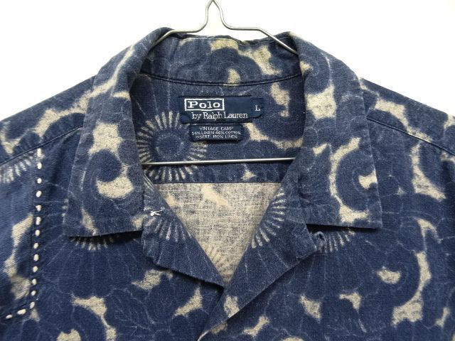 画像: 90'S RALPH LAUREN "VINTAGE CAMP" リネン 半袖 オープンカラーシャツ インディゴ総柄 (VINTAGE)