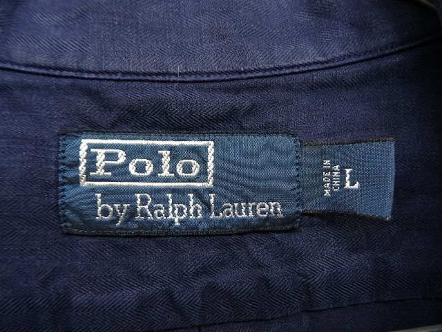 画像: 90'S RALPH LAUREN ヘリンボーン シルク/リネン 半袖 オープンカラーシャツ ネイビー (VINTAGE)