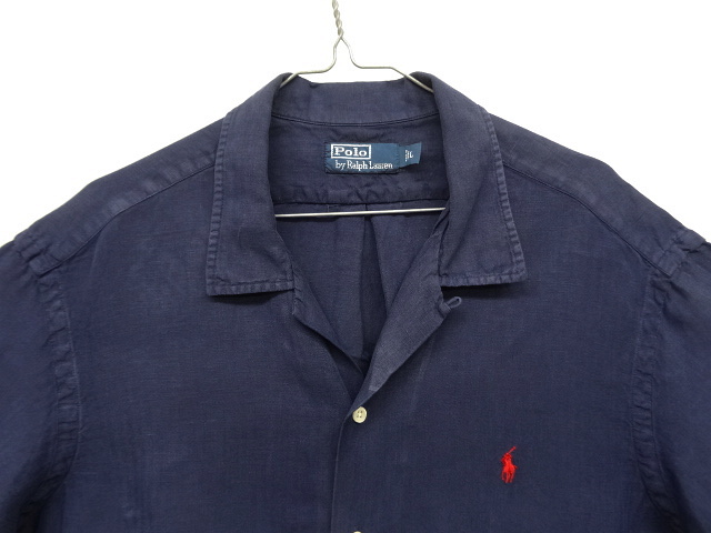 画像: 90'S RALPH LAUREN ヘリンボーン シルク/リネン 半袖 オープンカラーシャツ ネイビー (VINTAGE)
