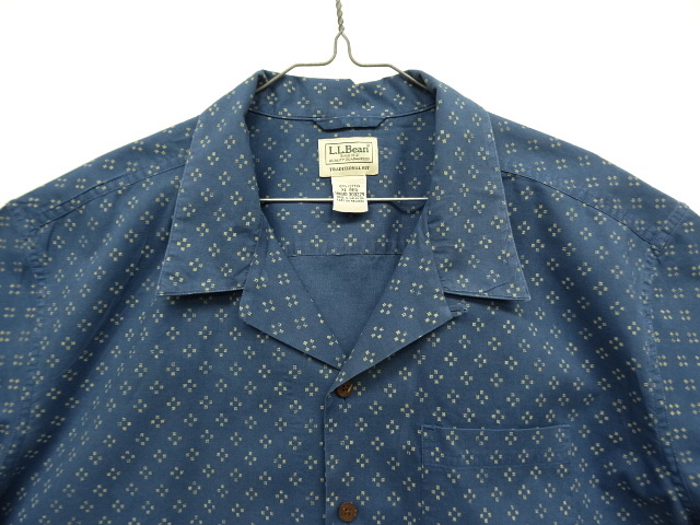 画像: LL Bean コットン 半袖 オープンカラーシャツ ブルー 総柄 (VINTAGE)