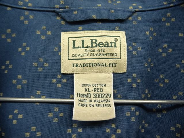 画像: LL Bean コットン 半袖 オープンカラーシャツ ブルー 総柄 (VINTAGE)