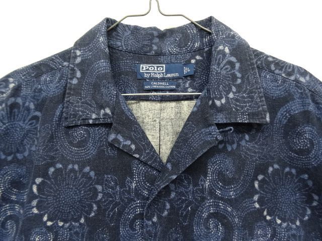 画像: 90'S RALPH LAUREN "CALDWELL" リネン/コットン 半袖 オープンカラーシャツ インディゴ (VINTAGE)