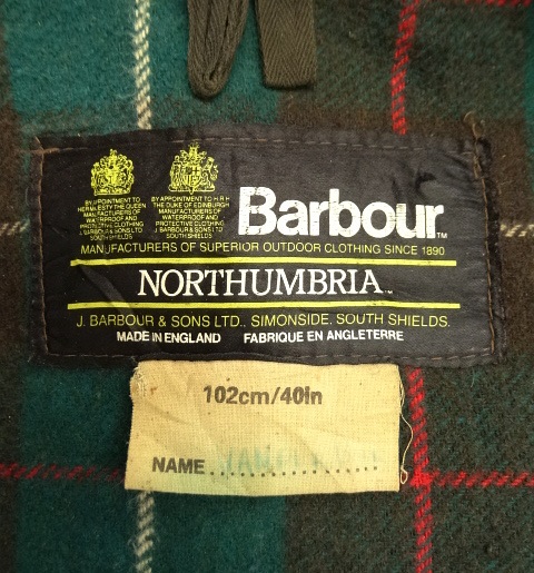 画像: 80'S BARBOUR 2クレスト 旧タグ "NORTHUMBRIA JACKET" 裏地ウール オイルドジャケット OLIVE イングランド製 (VINTAGE)
