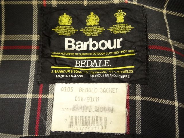 画像: 90'S BARBOUR 3クレスト 旧タグ "BEDALE" オイルドジャケット NAVY イングランド製 (VINTAGE)