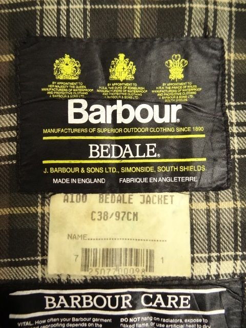 画像: 90'S BARBOUR 3クレスト 旧タグ "BEDALE" オイルドジャケット OLIVE イングランド製 (VINTAGE)