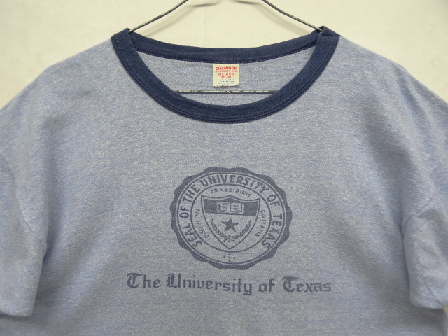 画像: 60'S CHAMPION プロダクツタグ リンガーTシャツ 染み込みプリント 杢ブルー USA製 (VINTAGE)