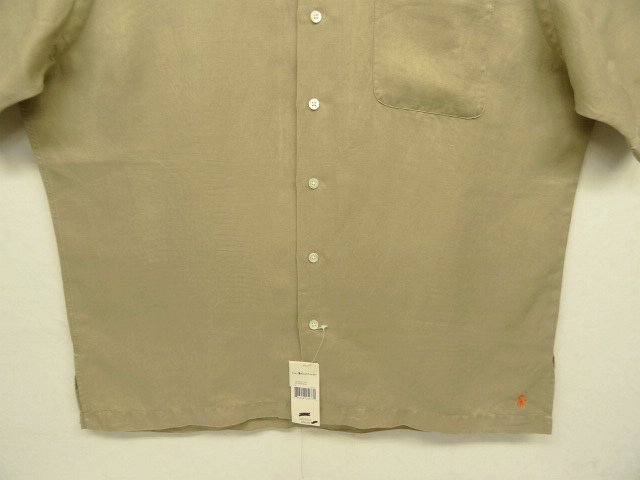 画像: 90'S RALPH LAUREN 裾ロゴ入り シルク/リネン 半袖 オープンカラーシャツ タン (DEADSTOCK)