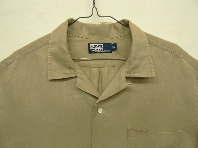 画像: 90'S RALPH LAUREN 裾ロゴ入り シルク/リネン 半袖 オープンカラーシャツ タン (DEADSTOCK)