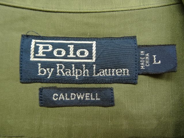 画像: 90'S RALPH LAUREN "CALDWELL" 裾ロゴ入り シルク/リネン 半袖 オープンカラーシャツ オリーブ (VINTAGE)