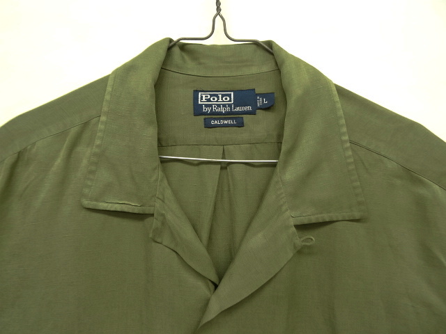 画像: 90'S RALPH LAUREN "CALDWELL" 裾ロゴ入り シルク/リネン 半袖 オープンカラーシャツ オリーブ (VINTAGE)