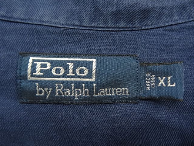 画像: 90'S RALPH LAUREN 裾ロゴ入り シルク/リネン 半袖 オープンカラーシャツ ネイビー (VINTAGE)