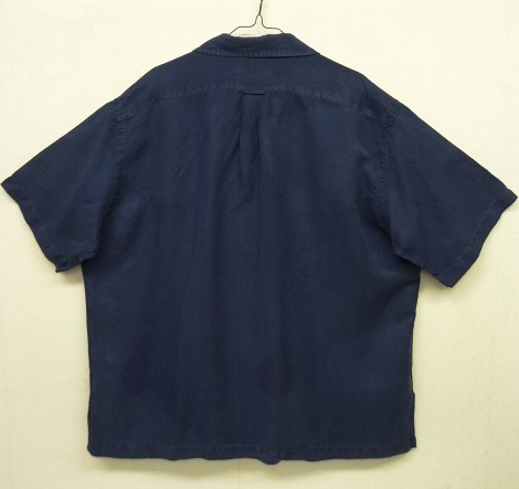 画像: 90'S RALPH LAUREN 裾ロゴ入り シルク/リネン 半袖 オープンカラーシャツ ネイビー (VINTAGE)