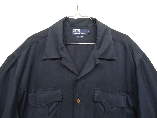 画像: 90'S RALPH LAUREN レーヨン フラップ付きポケット 長袖 オープンカラーシャツ ネイビー (VINTAGE)