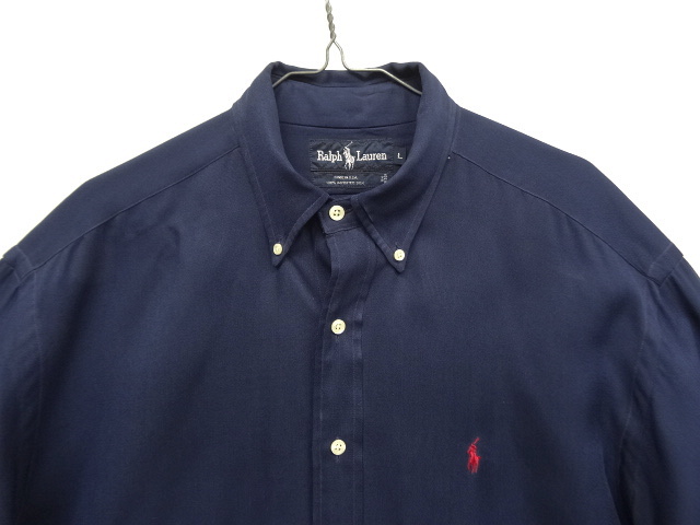 画像: 90'S RALPH LAUREN シルク100% 長袖 BDシャツ ネイビー USA製 (VINTAGE)