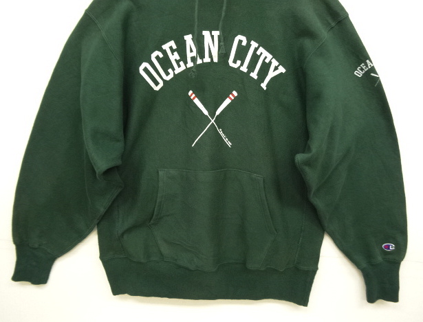 画像: 90'S CHAMPION "OCEAN CITY" 刺繍タグ リバースウィーブ パーカー グリーン USA製 (VINTAGE)