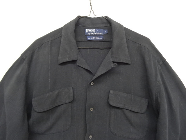 画像: 90'S RALPH LAUREN "STEWARD" レーヨン 長袖 オープンカラーシャツ ブラック/チョークストライプ (VINTAGE)