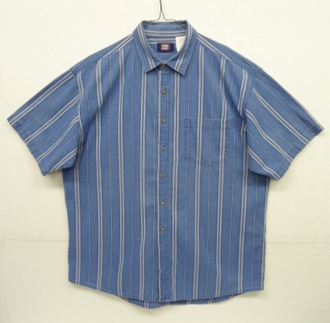 画像1: 90'S FADED GLORY コットン 半袖 シャツ インディゴ/ストライプ (VINTAGE)