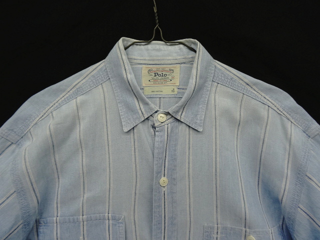 画像: 90'S RALPH LAUREN "白タグ" ネコ目ボタン シャンブレー ワークシャツ ストライプ USA製 (VINTAGE)