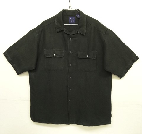 画像1: 90'S GAP 旧タグ リネン/レーヨン 半袖 オープンカラーシャツ ブラック (VINTAGE)