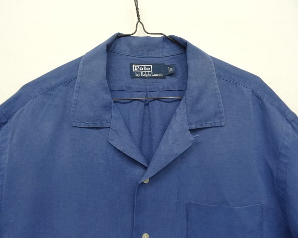 画像: 90'S RALPH LAUREN シルク/リネン 裾ロゴ刺繍 長袖 オープンカラーシャツ ブルー (VINTAGE)