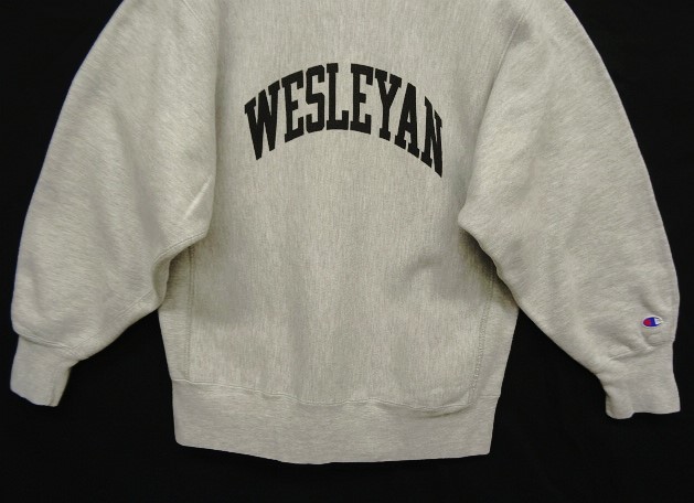 画像: 90'S CHAMPION "WESLEYAN" 染み込みプリント 刺繍タグ リバースウィーブ グレー USA製 (VINTAGE)
