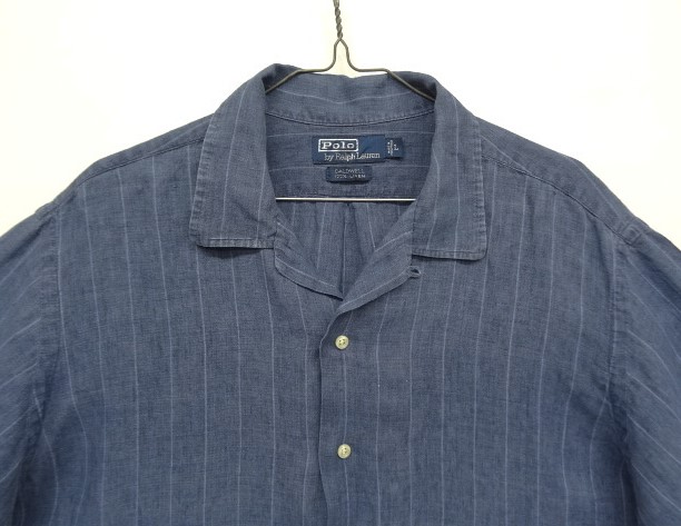 画像: 90'S RALPH LAUREN "CALDWELL"  リネン 半袖 オープンカラーシャツ インディゴ/ストライプ (VINTAGE)